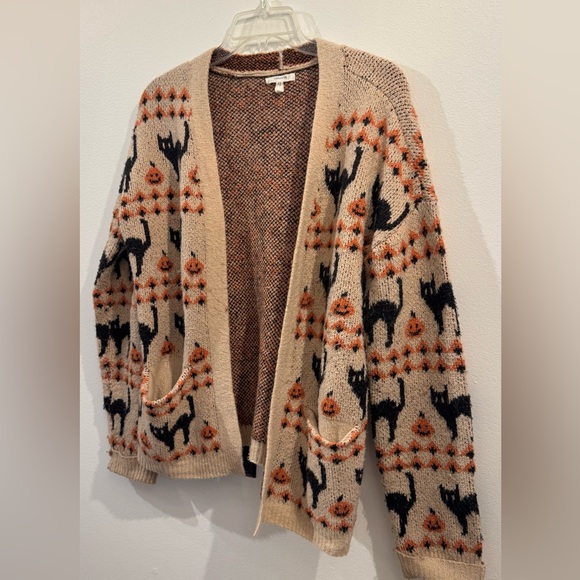 Maurices Sweaters - Cozy Beige Halloween Cat Pattern Open Cardigan Sweater Maurice’s